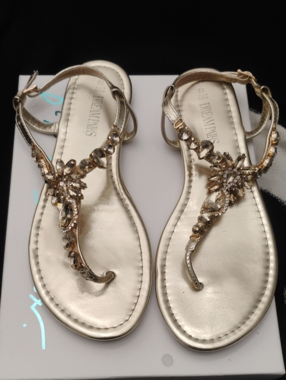Bejeweled Gold Metallic T Strap Sandals by Dream Pairs Sz 10 - Picture 2 of 10